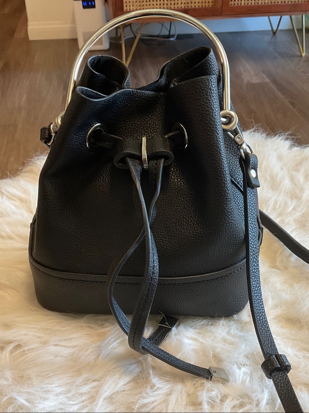 Forever 21 Black Drawstring mini Bucket Shoulder Bag with Silver Handle